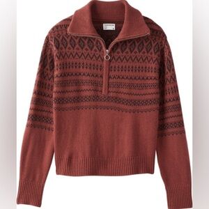 Frank and Oak Women's Half Zip Mock Neck Wool Blend Sweater Red Fair Isle Sz XS